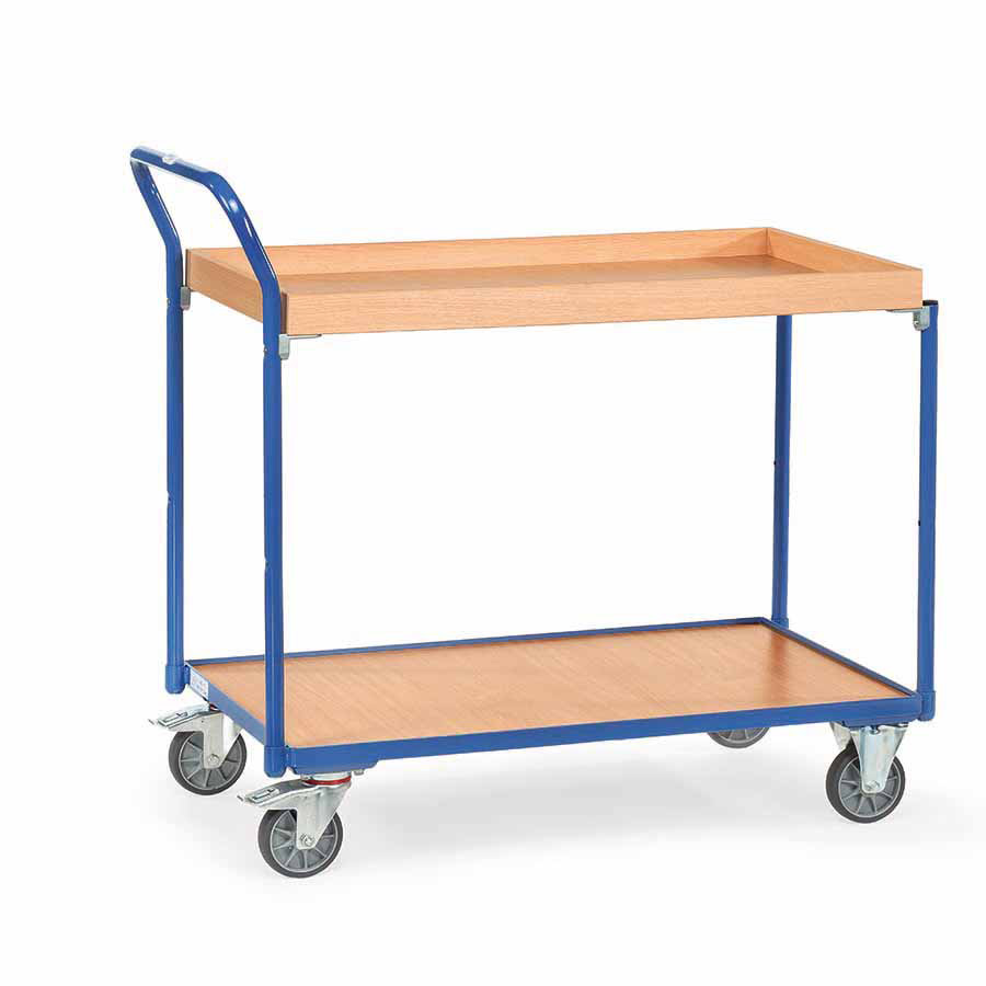 [014960] Carro de taller con estante de madera con reborde tipo bandeja - Dim. plataforma 1.000x600 mm - Azul ral 5007