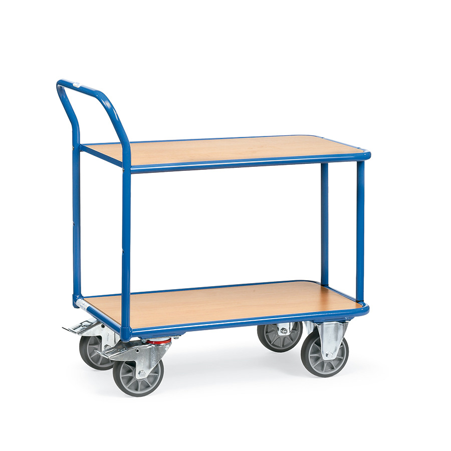 [014972] Carro de transporte para taller con 2 estantes fijos de madera - Dim. plataforma 1.000 x 700 mm - Azul ral 5007