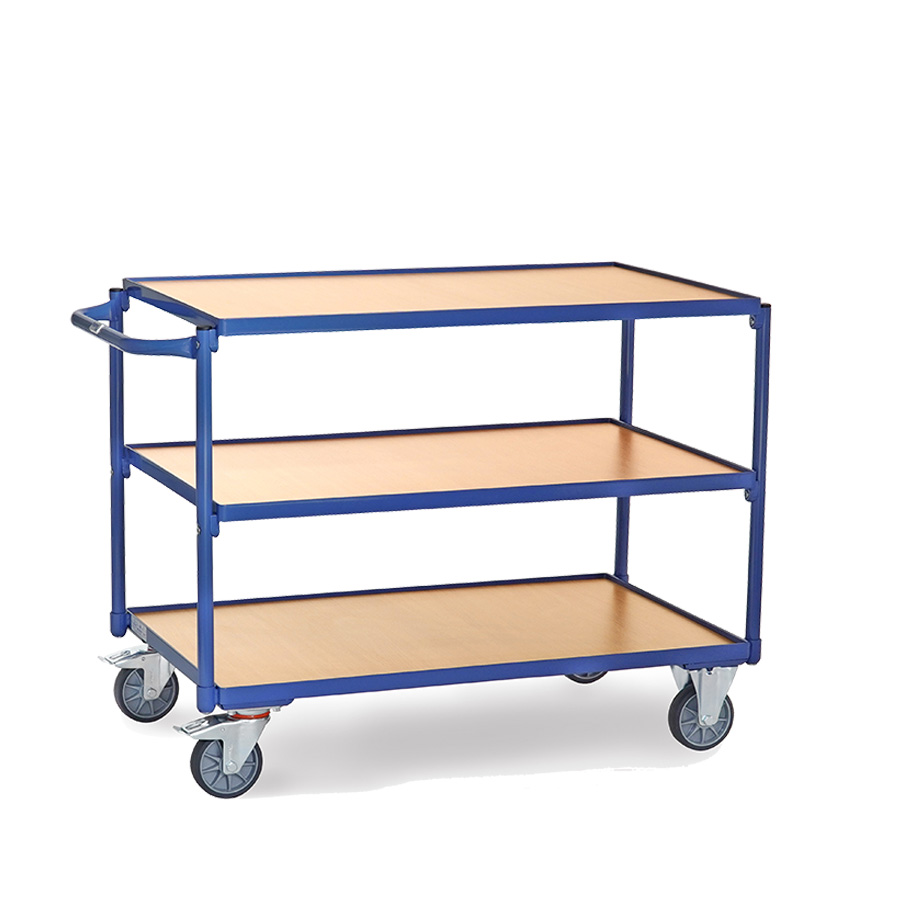 [015008] Carro de transporte para taller con 3 estantes fijos de madera - Dim. plataforma 1.000 x 600 mm - Azul ral 5007