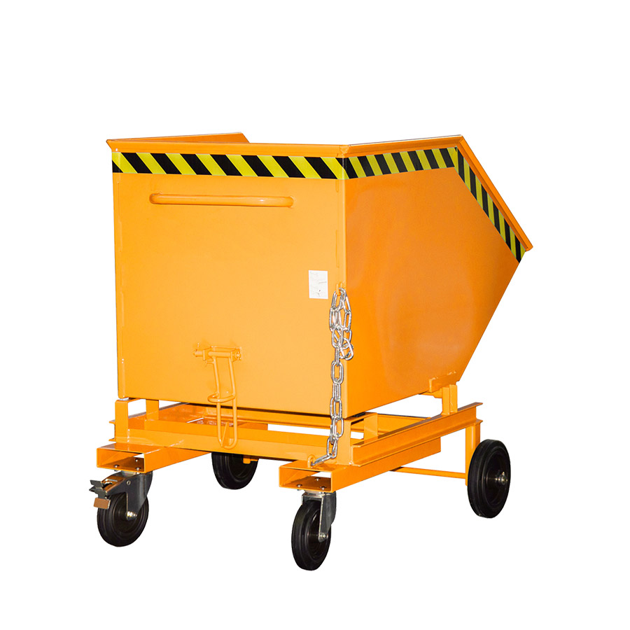 [015495] Contenedor basculante manual con ruedas y guías para carretilla - Capacidad 0,6 m³ - Dim.: 1400x1070x1220 mm - naranja ral 2000.