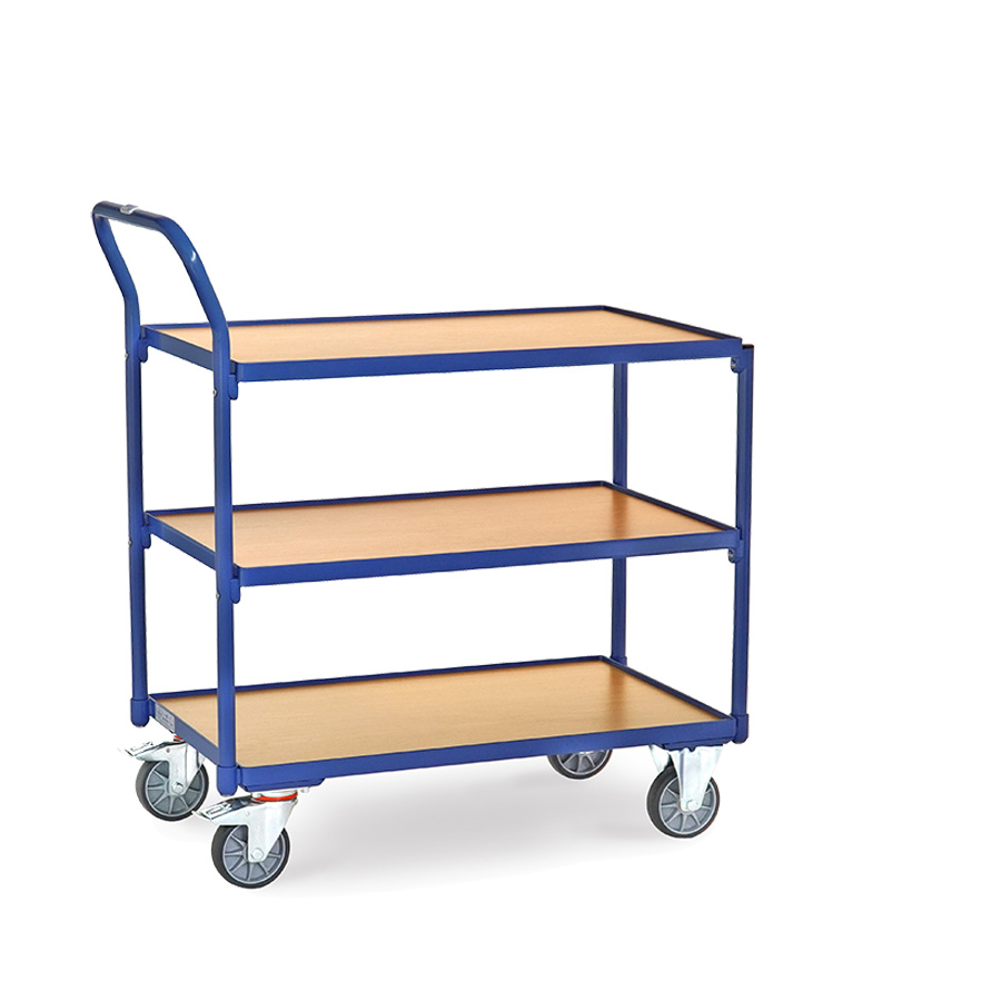 [015536] Carro de transporte para taller con 3 estantes fijos de madera - Dim. plataforma 850 x 500 mm - Azul ral 5007