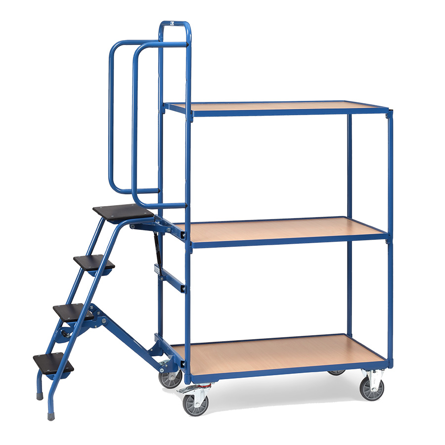 [015555] Carro de acero para picking con escalera y 3 estantes - Dim. plataforma: 1000x600 mm - Azul ral 5007