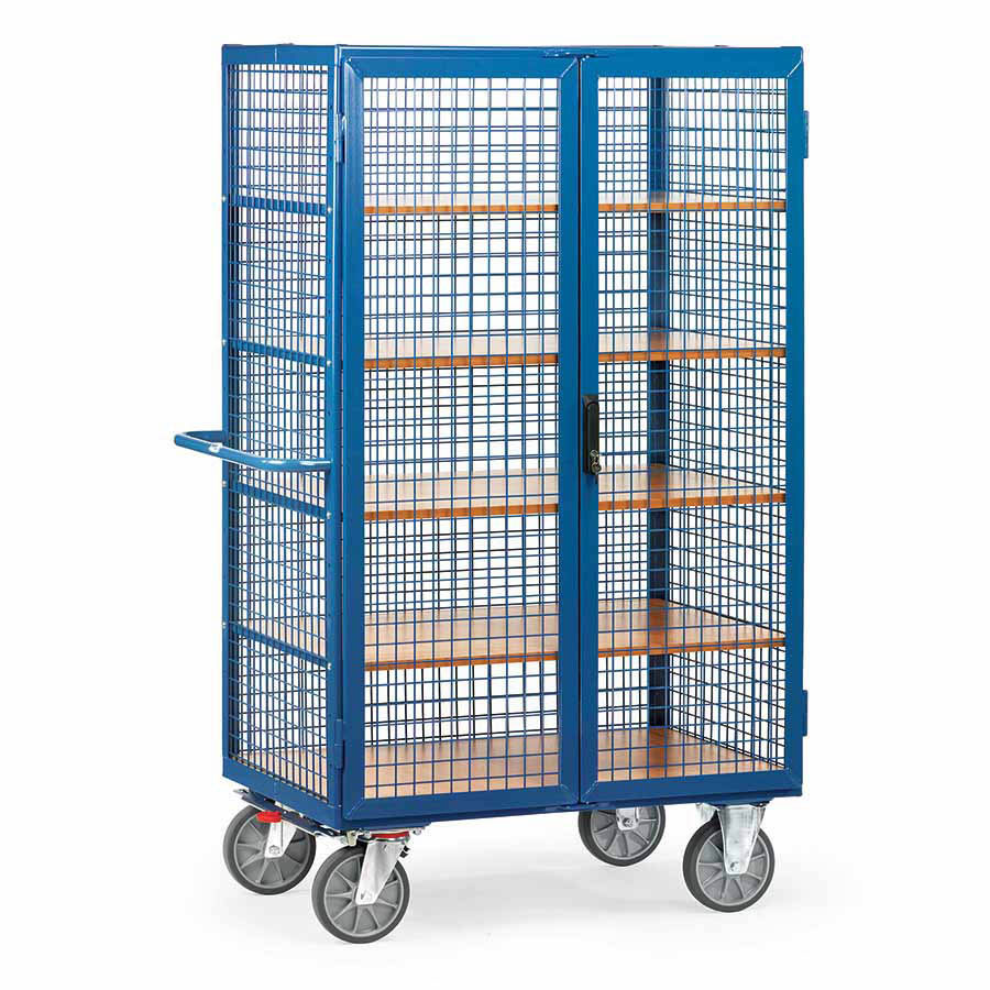 [015666] Carro protegido con paredes de malla y 2 puertas batientes - Dim. plataforma 1.000 x 680 mm - Azul ral 5007