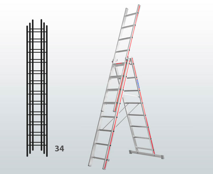 [015821] Escalera manual transformable de 3 tramos para uso industrial con 34 peldaños - Dim.: 1065 x 89 x 9710h mm - Aluminio