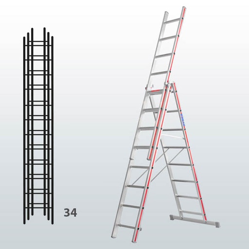 [015821] Escalera manual transformable de 3 tramos para uso industrial con 34 peldaños - Dim.: 1065 x 89 x 9710h mm - Aluminio
