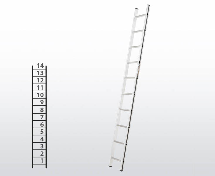 [015826] Escalera apoyable manual de un tramo para uso doméstico con 14 peldaños - Dim.: 350 x 3970h mm - Aluminio