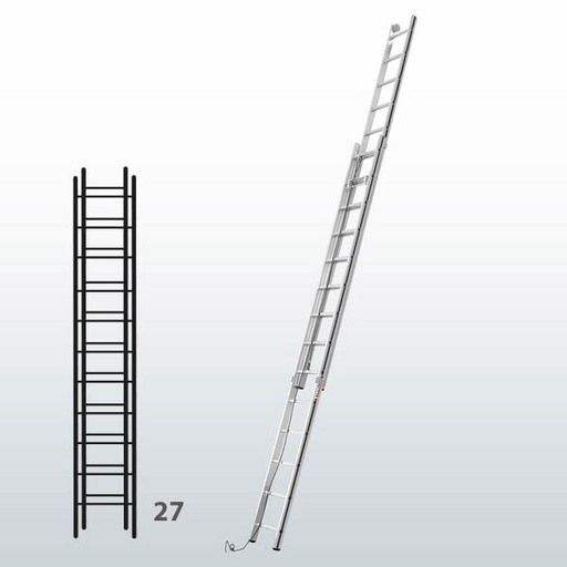 [015839] Escalera de dos tramos extensibles mediante cuerda para uso doméstico con 27 peldaños - Dim.: 415 x 7630h mm - Aluminio