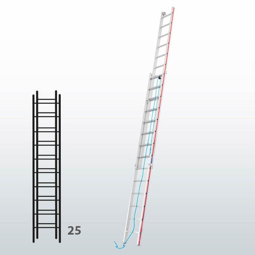 [015845] Escalera de dos tramos extensibles mediante cuerda para uso industrial con 25 peldaños - Dim.: 425 x 7180h mm - Aluminio