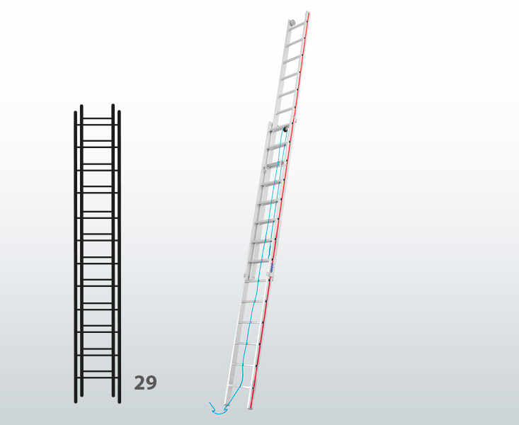 [015846] Escalera de dos tramos extensibles mediante cuerda para uso industrial con 29 peldaños - Dim.: 425 x 8300h mm - Aluminio