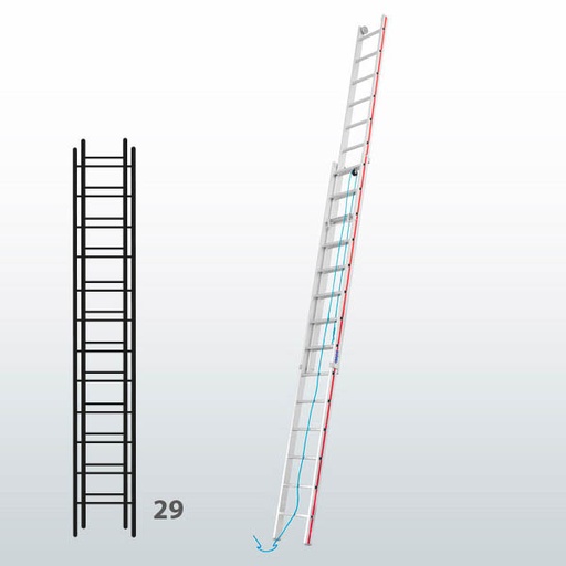 [015846] Escalera de dos tramos extensibles mediante cuerda para uso industrial con 29 peldaños - Dim.: 425 x 8300h mm - Aluminio