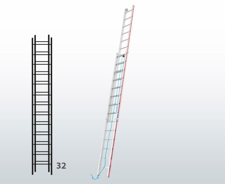 [015847] Escalera de dos tramos extensibles mediante cuerda para uso industrial con 32 peldaños - Dim.: 425 x 9140h mm - Aluminio
