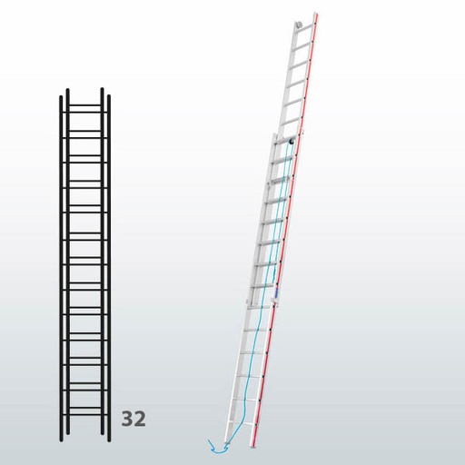 [015847] Escalera de dos tramos extensibles mediante cuerda para uso industrial con 32 peldaños - Dim.: 425 x 9140h mm - Aluminio