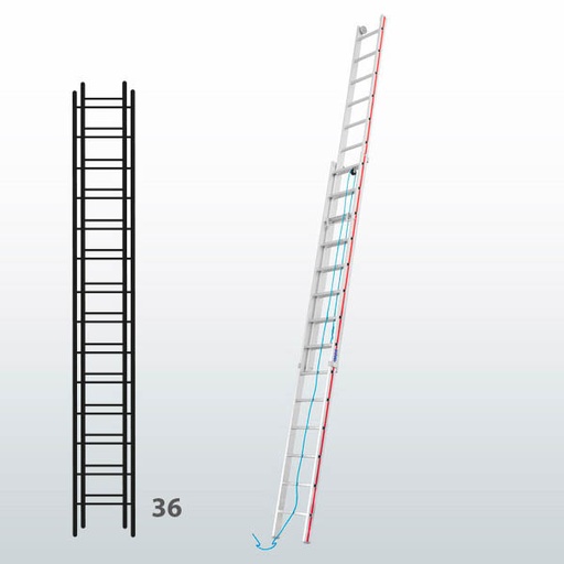 [015848] Escalera de dos tramos extensibles mediante cuerda para uso industrial con 36 peldaños - Dim.: 425 x 10260h mm - Aluminio