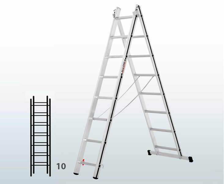 [015856] Escalera transformable de 2 tramos para uso doméstico con 10 peldaños - Dim.: 605 x 60 x 2830h mm - Aluminio