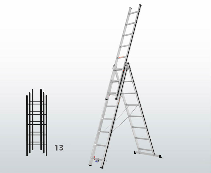 [015860] Escalera manual transformable de 3 tramos para uso doméstico con 13 peldaños - Dim.: 745 x 60 x 3690h mm - Aluminio
