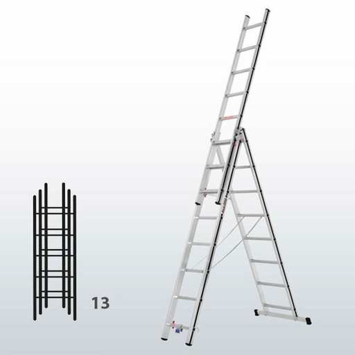 [015860] Escalera manual transformable de 3 tramos para uso doméstico con 13 peldaños - Dim.: 745 x 60 x 3690h mm - Aluminio