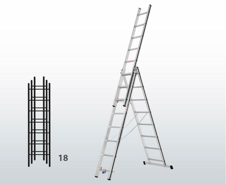 [015861] Escalera manual transformable de 3 tramos para uso doméstico con 18 peldaños - Dim.: 845 x 71 x 5100h mm - Aluminio