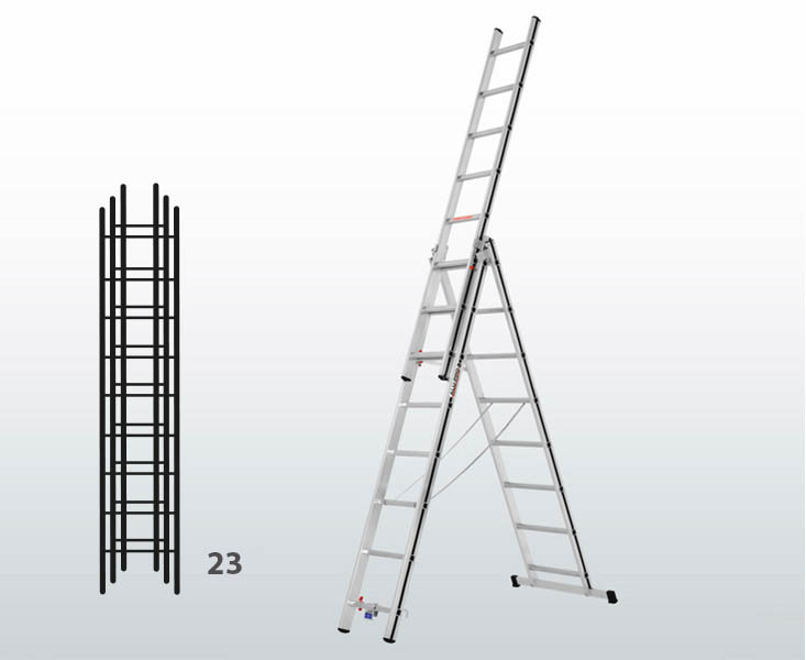 [015865] Escalera manual transformable de 3 tramos para uso doméstico con 23 peldaños - Dim.: 845 x 71 x 6500h mm - Aluminio