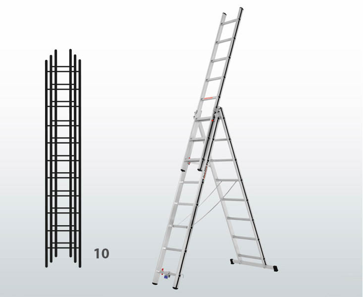 [015866] Escalera manual transformable de 3 tramos para uso doméstico con 28 peldaños - Dim.: 940 x 83 x 7880h mm - Aluminio