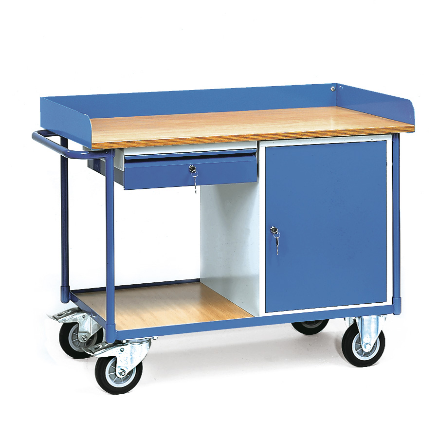 [015890] Carro de taller para herramientas con armario, estante y reborde superior - Dim. plataforma 1.120x650 mm - Gris ral 7035 y Azul ral 5007