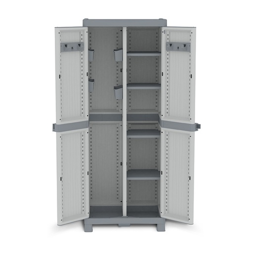 [016323] Armario de plástico con 2 puertas, hueco para escoba, 4 estantes, 4 bandejas y 2 ganchos - Dim.: 700x438x1818h mm - Gris