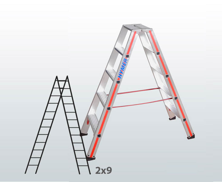 [016394] Escalera manual de tijera con acceso por 2 lados para uso experto con 2x9 escalones - Aluminio 