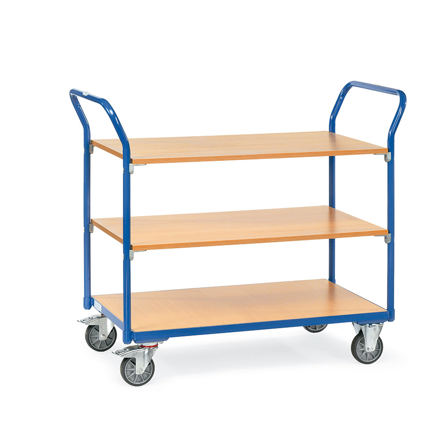 [016620] Carro de transporte para taller con 3 estantes fijos de madera - Dim. plataforma 1.000 x 600 mm - Azul ral 5007