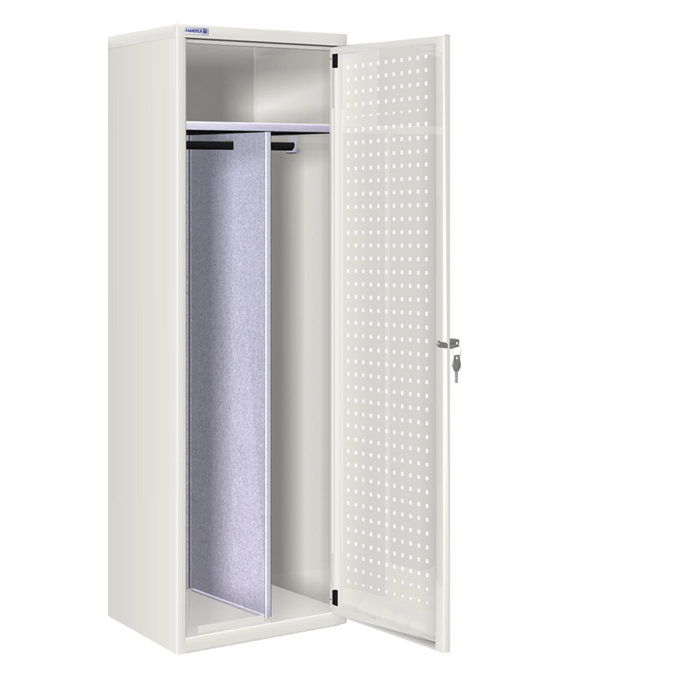 [020708] Ropero metálico con 1 puerta perforada, divisor interior y cerradura - Dim.: 585x500x1750h mm - Gris ral 7035