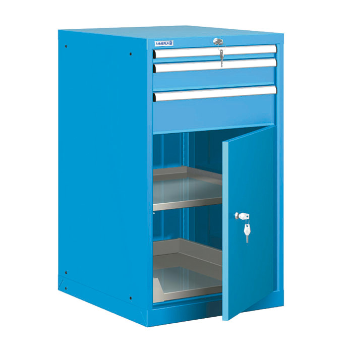 [021136] Cajonera metálica con 3 cajones, 1 estante extraíble, 1 estante ajustable y 1 puerta - Dim.: 564x572x1000h mm - Azul ral 5012