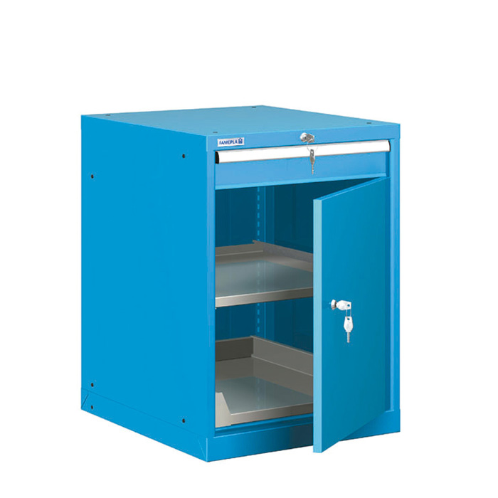 [021246] Cajonera metálica con 1 cajón simp., 1 estante ext., 1 estante ajust. y 1 puerta - Dim.: 564x725x800h mm - Azul ral 5012