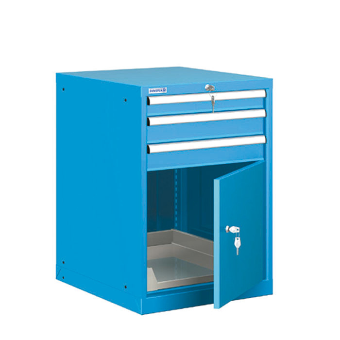 [021282] Cajonera metálica con 3 cajones, 1 estante extraíble y 1 puerta - Dim.: 564x725x825h mm - Azul ral 5012