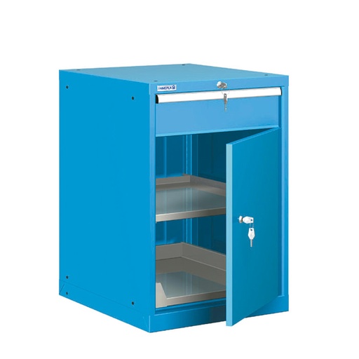 [021306] Cajonera metálica con 1 cajón simp., 1 estante ext., 1 estante ajust. y 1 puerta - Dim.: 564x725x850h mm - Azul ral 5012
