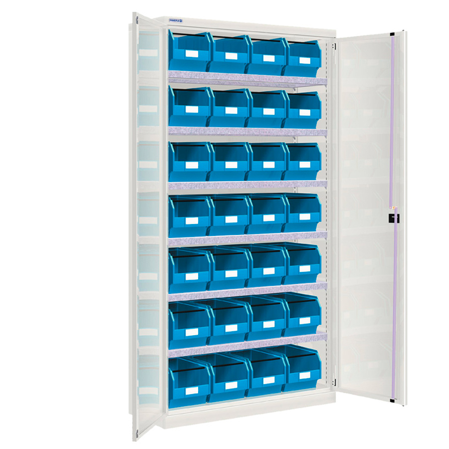 [022503] Armario metálico de puertas batientes con 6 estantes regulables y 28 cajas - Dim.: 1026x400x2000h mm - Gris ral 7035