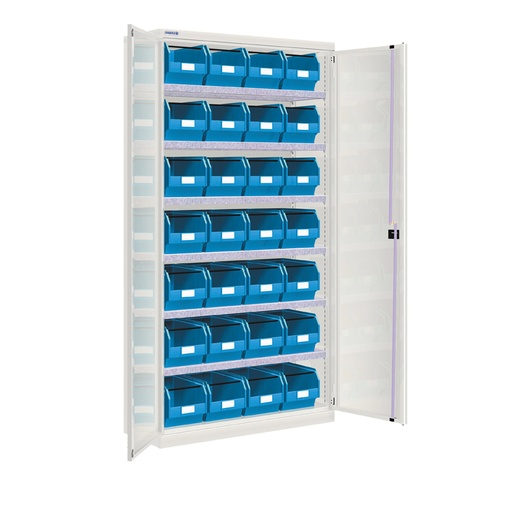 [022503] Armario metálico de puertas batientes con 6 estantes regulables y 28 cajas - Dim.: 1026x400x2000h mm - Gris ral 7035