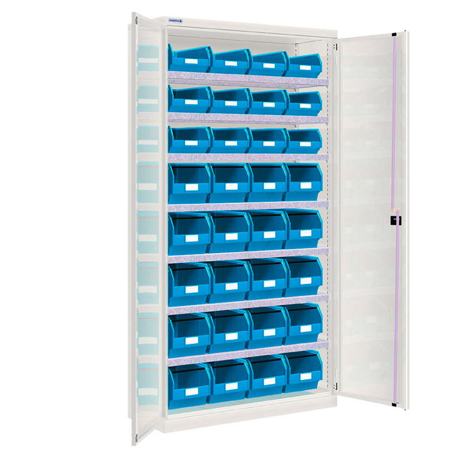 [022509] Armario metálico de puertas batientes con 7 estantes regulables y 32 cajas - Dim.: 1026x400x2000h mm - Gris ral 7035