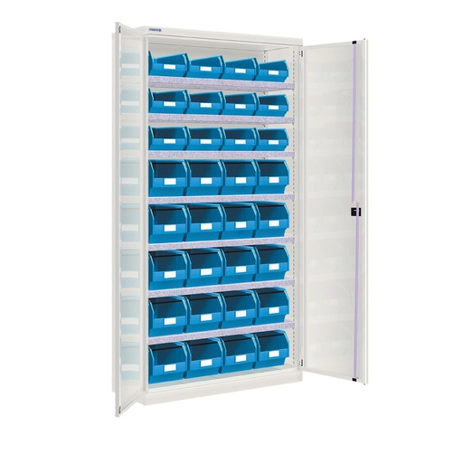 [022509] Armario metálico de puertas batientes con 7 estantes regulables y 32 cajas - Dim.: 1026x400x2000h mm - Gris ral 7035