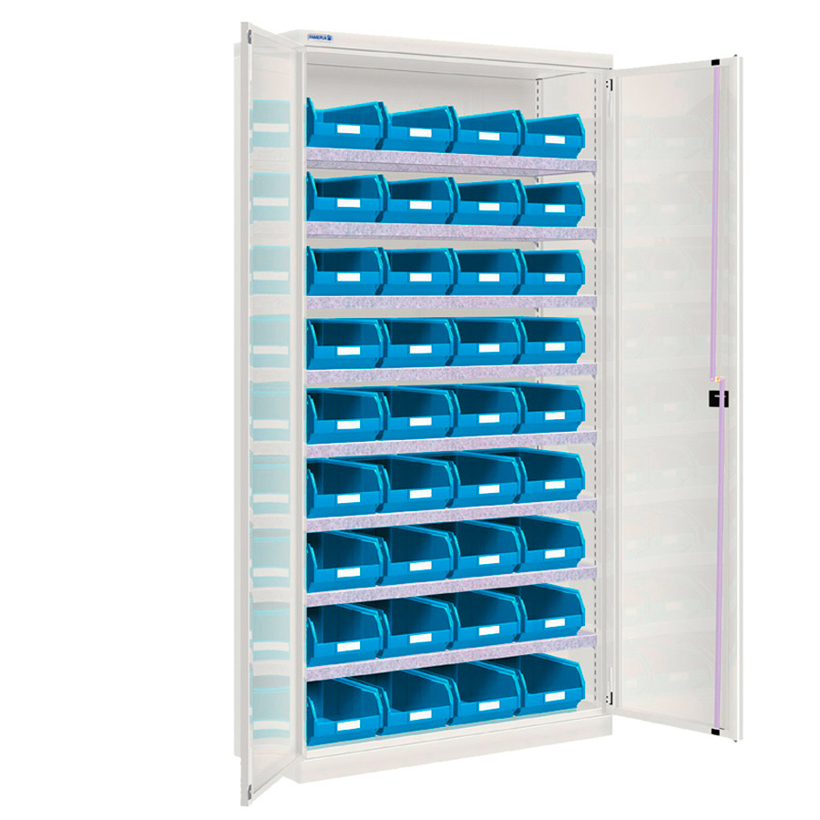 [022511] Armario metálico de puertas batientes con 8 estantes regulables y 36 cajas - Dim.: 1026x400x2000h mm - Gris ral 7035