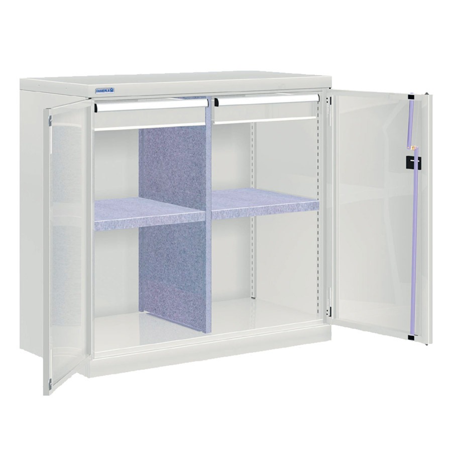 [022517] Armario metálico de puertas batientes con divisor, 2 estantes y 2 cajones de ext. simple - Dim.: 1026x555x1000h mm - Gris ral 7035