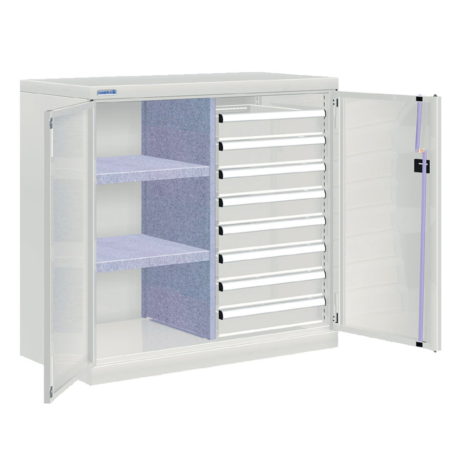 [022523] Armario metálico de puertas batientes con divisor, 2 estantes y 8 cajones telescópicos - Dim.: 1026x555x1000h mm - Gris ral 7035