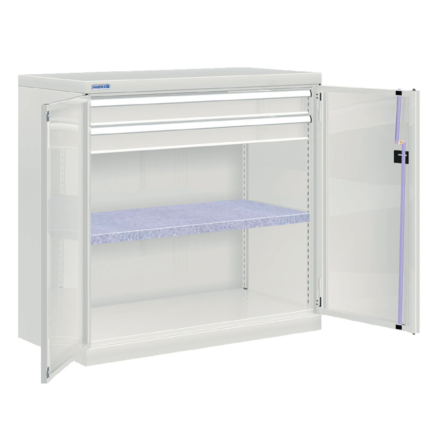 [022537] Armario metálico de puertas batientes con 1 estante y 2 cajones de extracción simple - Dim.: 1026x555x1000h mm - Gris ral 7035