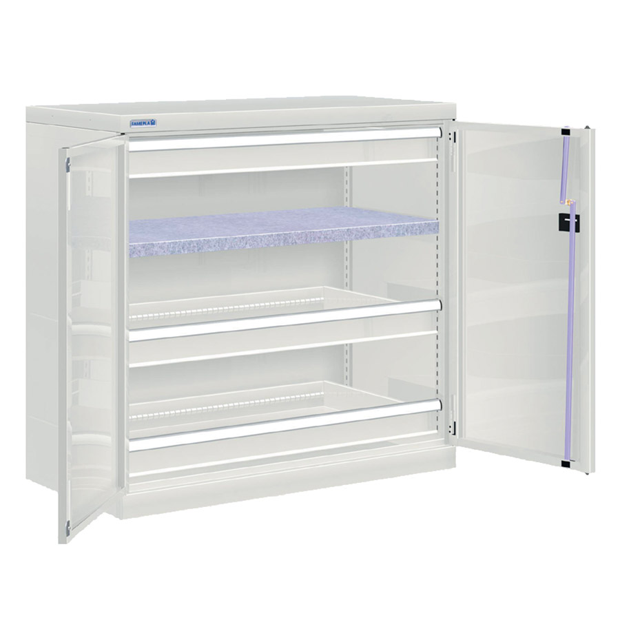 [022541] Armario metálico de puertas batientes con 1 estante y 3 cajones de extracción simple - Dim.: 1026x555x1000h mm - Gris ral 7035