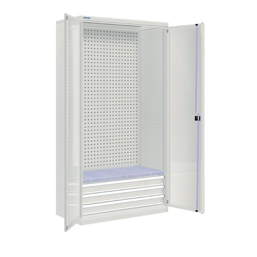 [022574] Armario metálico industrial con puertas, panel, 1 estante y 3 cajones telescóp. - Dim.: 1026x555x2000h mm - Gris ral 7035