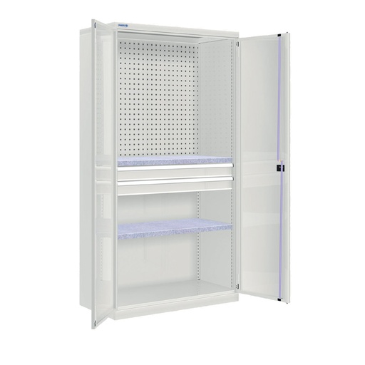 [022578] Armario metálico industrial con puertas, panel, 2 estantes y 2 cajones telescóp. - Dim.: 1026x555x2000h mm - Gris ral 7035