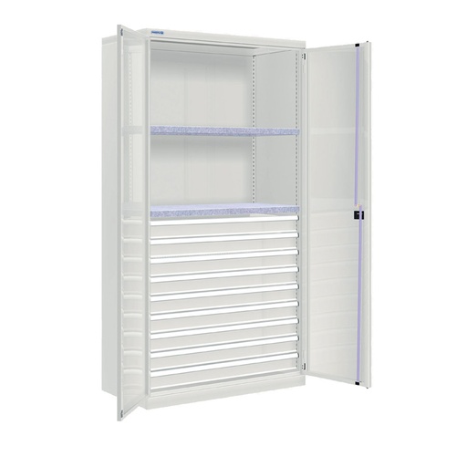 [022600] Armario metálico industrial con puertas, 2 estantes y 9 cajones telescópicos - Dim.: 1026x555x2000h mm - Gris ral 7035