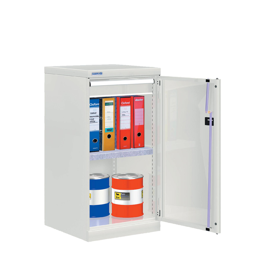 [022630] Armario metálico de puerta batiente con 1 estante y 1 cajón de extracción simple - Dim.: 512x555x1000h mm - Gris ral 7035