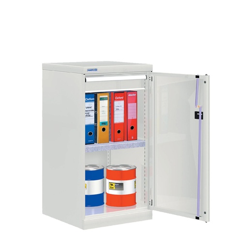 [022630] Armario metálico de puerta batiente con 1 estante y 1 cajón de extracción simple - Dim.: 512x555x1000h mm - Gris ral 7035