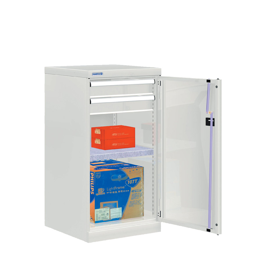 [022636] Armario metálico de puerta batiente con 1 estante y 2 cajones de extracción telescópica - Dim.: 512x555x1000h mm - Gris ral 7035