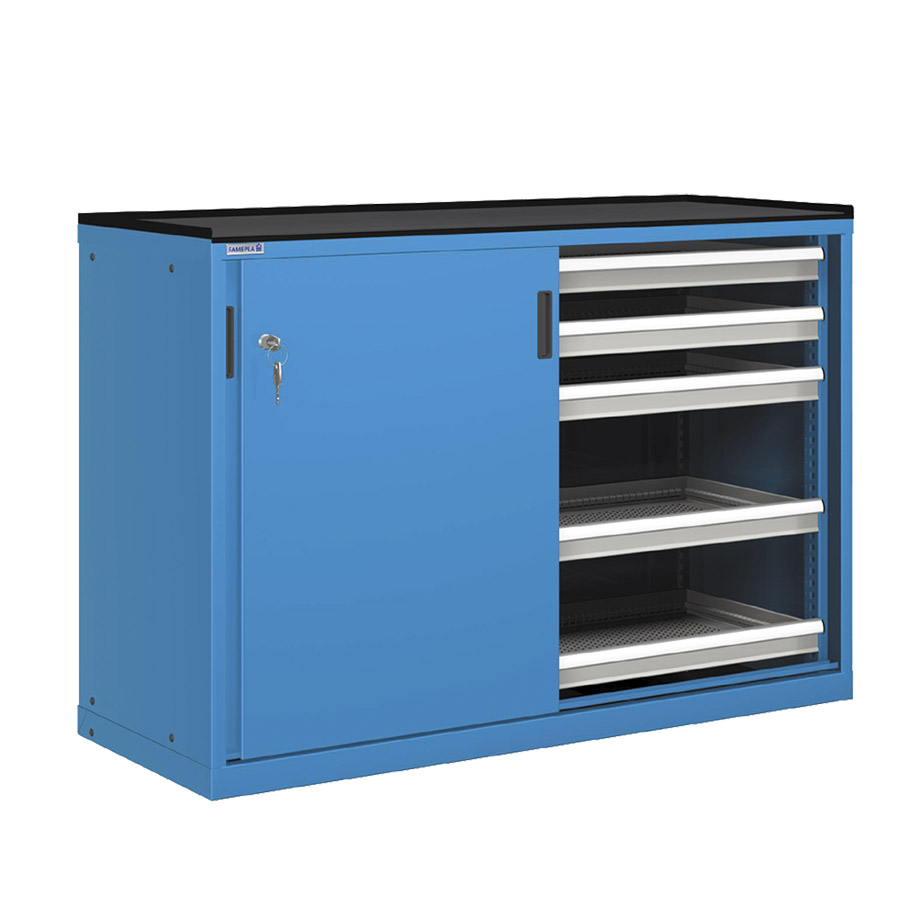 [022723] Cajonera de puertas correderas con 10 cajones de extracción simple - Dim.: 1431x780x1020h mm - Azul ral 5012