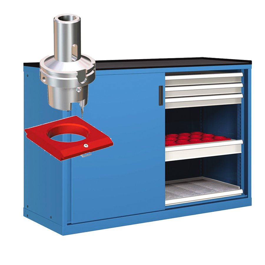 [022735] Cajonera de puertas correderas con 36 portaherramientas HSK 63. - Dim.: 1431x627x1020h mm - Azul ral 5012