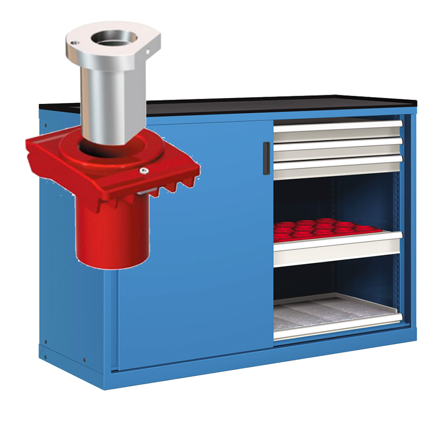 [022737] Cajonera de puertas correderas con 36 portaherramientas VDI 40. - Dim.: 1431x627x1020h mm - Azul ral 5012